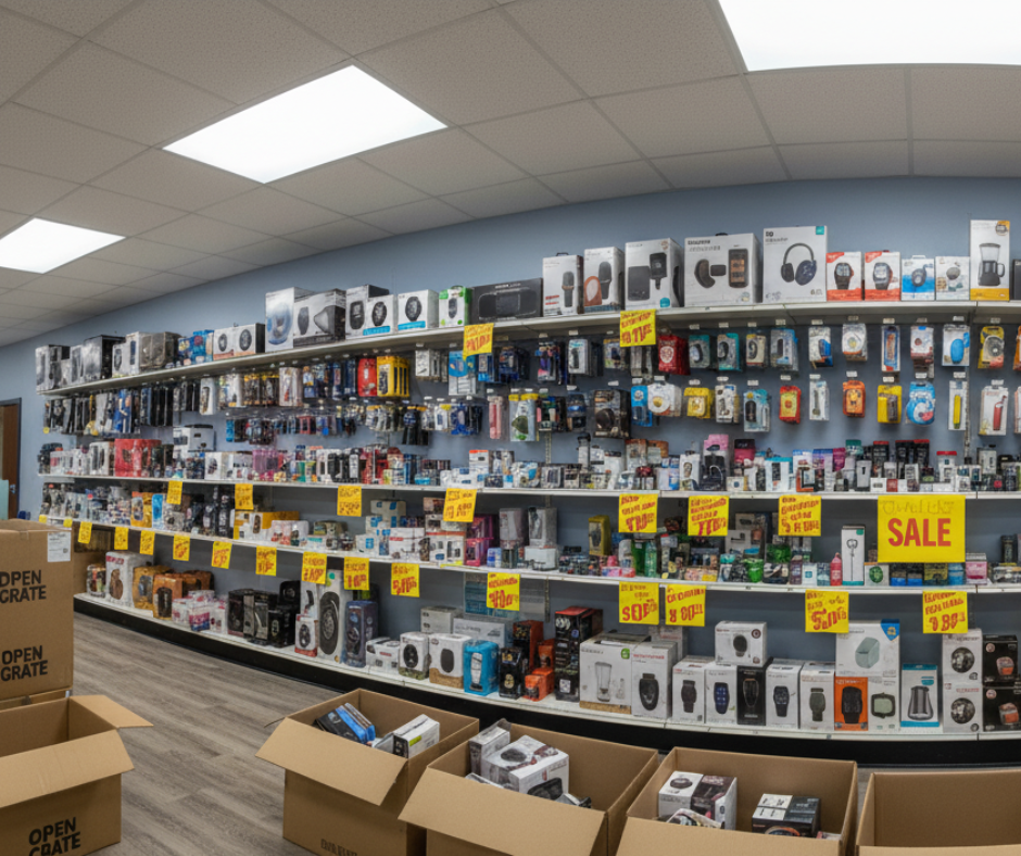 Shelves of mixed discount goods